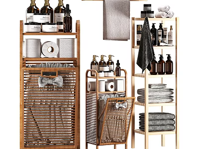 Natural Bamboo Bathroom Cabinet Rack With Multi layer Storage For Towels Toiletries And Roll Paper 3d model