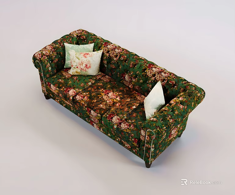 Green Floral Pattern Two Seater Sofa With Decorative Cushions And Classic Design 3d model