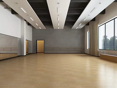 Spacious Fitness Dance Studio With Wooden Floor Large Windows Mirror Walls Gray Walls And Barre 3d model