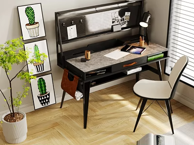 Modern Home Office Desk With Shelf Lamp Notebook Chair Green Plant And Artwork 3d model