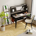 Modern Home Office Desk With Shelf Lamp Notebook Chair Green Plant And Artwork