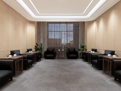 Hotel Public Lounge Interior Design With Black Sofas Coffee Tables Green Plants And Large Windows 3d model