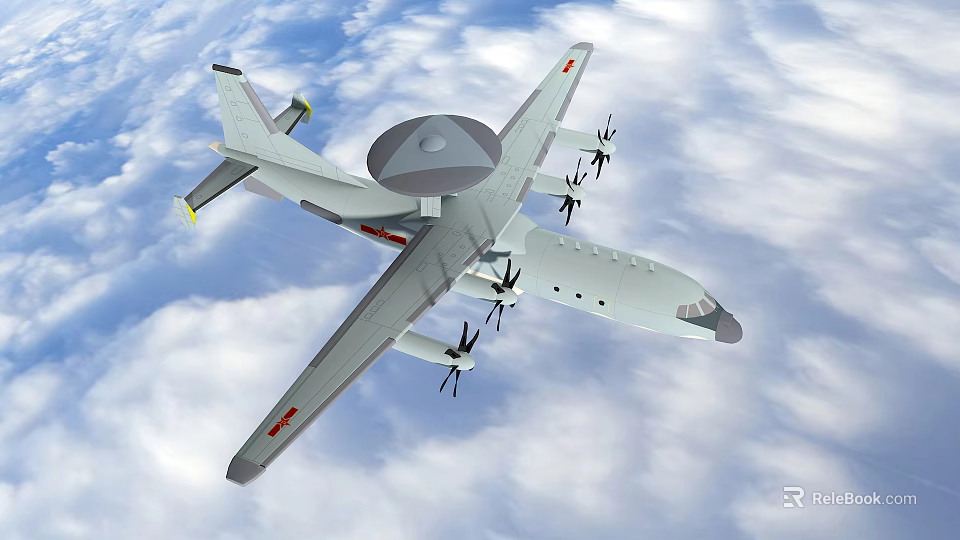 Military Fighter Jet Flying In Cloudy Sky With Propeller Engines And Radar Dome 3d model 