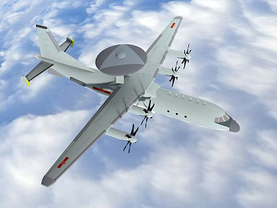 Military Fighter Jet Flying In Cloudy Sky With Propeller Engines And Radar Dome 3d model