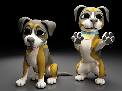 Adorable Cartoon Dog Plush Toys With Collar Tags Sitting Standing And Raised Paws 3d model