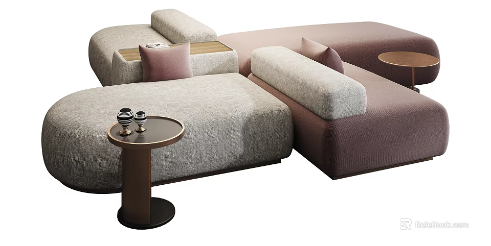 Contemporary Sectional Sofa With Light Gray Brown Upholstery Decorative Pillows And Small Round Side Table 3d model 