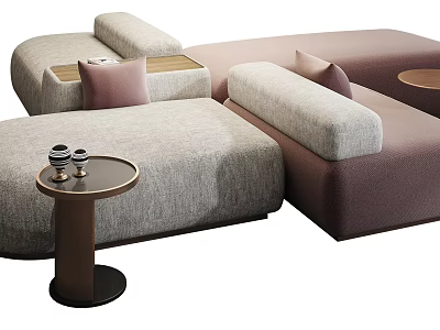 Contemporary Sectional Sofa With Light Gray Brown Upholstery Decorative Pillows And Small Round Side Table 3d model