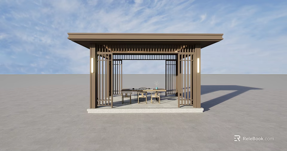 Modern Outdoor Wooden Pavilion With Lattice Design Roof And Tables Chairs Inside 3d model 