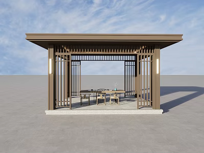 Modern Outdoor Wooden Pavilion With Lattice Design Roof And Tables Chairs Inside 3d model