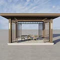 Modern Outdoor Wooden Pavilion With Lattice Design Roof And Tables Chairs Inside