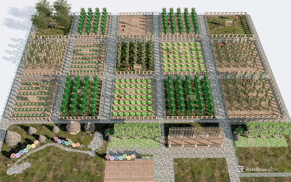 Rural Landscape With Organized Grid Pattern Vegetable Gardens Wooden Fences Stone Pathways And Surrounding Trees 3d model 