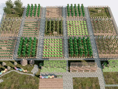 Rural Landscape With Organized Grid Pattern Vegetable Gardens Wooden Fences Stone Pathways And Surrounding Trees 3d model