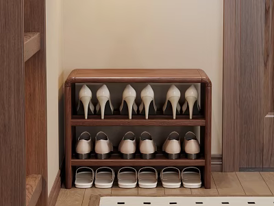 Wooden Shoe Bench With Multi Layer Storage For Organizing Shoes In Entryway 3d model