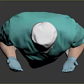 Man in Green Surgical Scrubs With White Cap Mask and Blue Gloves Holding Hands Out