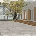 Modern Waterfront Building With Glass Facade Wooden Elements Trees And Cloudy Sky
