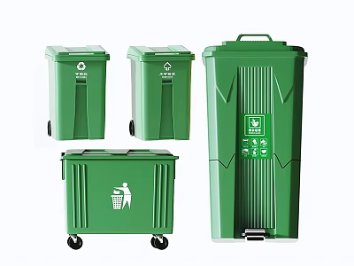 Green Waste Bins With Various Sizes Wheels And Recycling Symbols Design 3d model