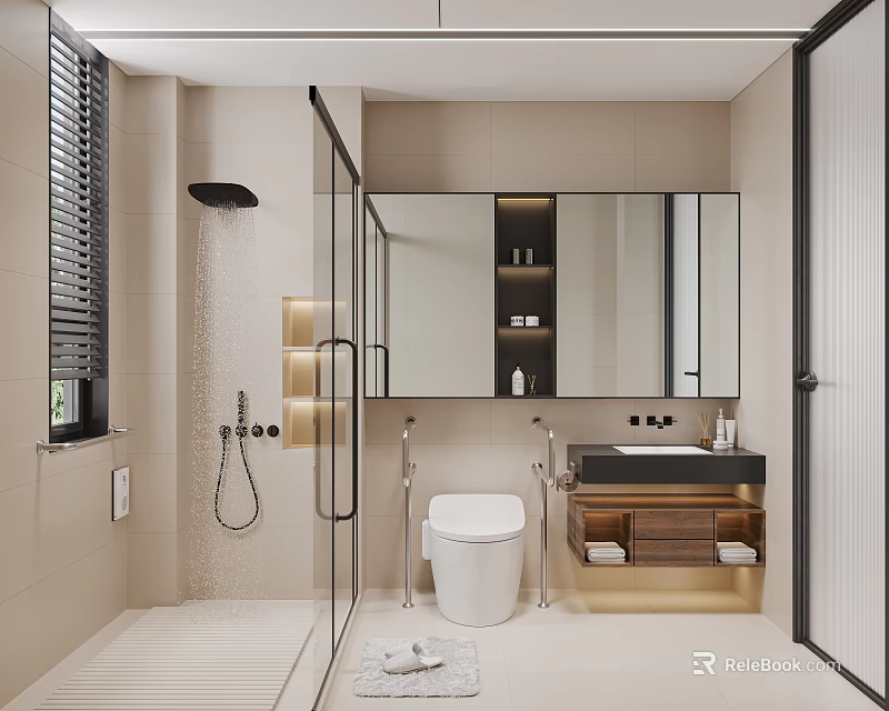 Modern Bathroom Interior With Shower Smart Toilet Large Mirror And Vanity 3d model 