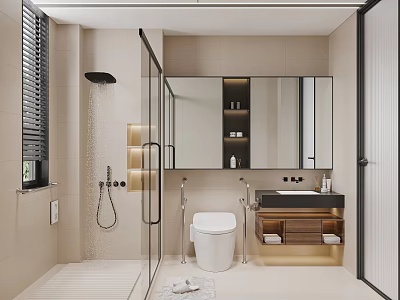Modern Bathroom Interior With Shower Smart Toilet Large Mirror And Vanity 3d model