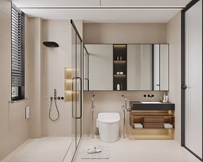 Modern Bathroom Interior With Shower Smart Toilet Large Mirror And Vanity 3d model