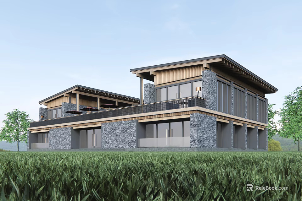 Modern Detached Villa With Wooden Stone Exterior Large Windows And Terrace In Lush Grass 3d model 