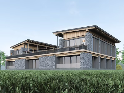 Modern Detached Villa With Wooden Stone Exterior Large Windows And Terrace In Lush Grass 3d model