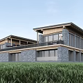 Modern Detached Villa With Wooden Stone Exterior Large Windows And Terrace In Lush Grass