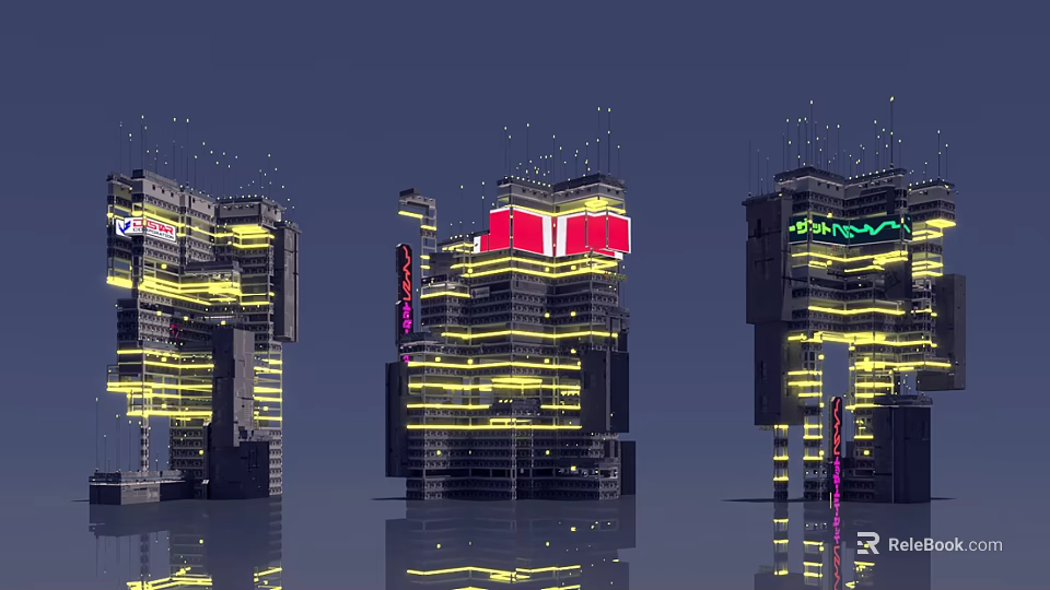 Future Architecture Design Multiple Modern Buildings With Vibrant Neon Lights And Reflective Surfaces 3d model 