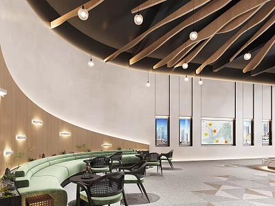 Modern Sales Office Interior With Curved Sofa Wooden Ceiling And Pendant Lights 3d model
