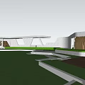Modern Pergola Design with Curved White Structure Green Lawn and Platform
