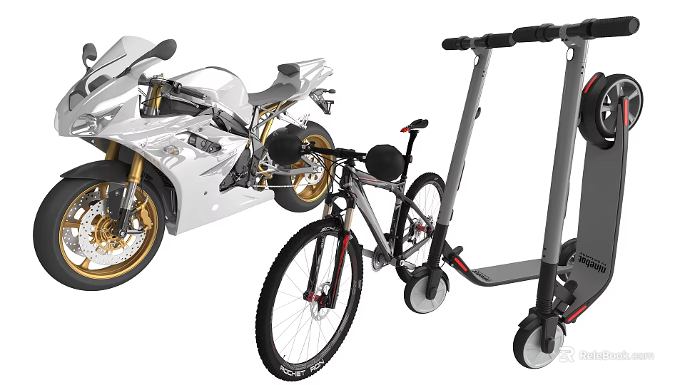 White Sports Motorcycle With Gold Wheels Alongside Bicycle And Scooter 3d model 
