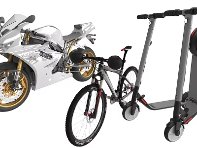 White Sports Motorcycle With Gold Wheels Alongside Bicycle And Scooter 3d model