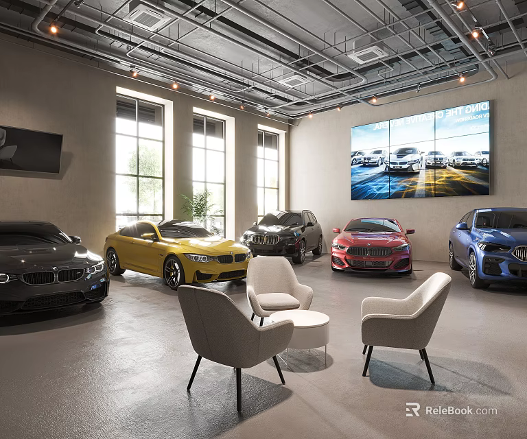 Car Dealership Showroom Displaying Various Colored Cars Comfortable Chairs Large Windows And Screen 3d model 