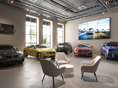Car Dealership Showroom Displaying Various Colored Cars Comfortable Chairs Large Windows And Screen 3d model