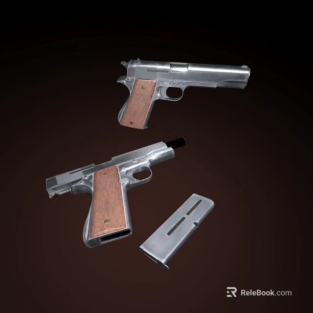 Weapon Silver Semi Automatic Handguns With Wooden Grips And Detachable Magazine 3d model 