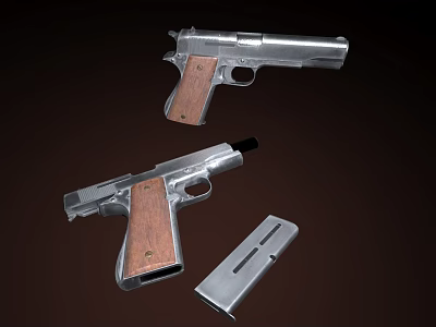 Weapon Silver Semi Automatic Handguns With Wooden Grips And Detachable Magazine 3d model