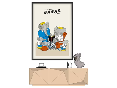 Framed Animal Painting Featuring Elephants Wearing Crowns Sitting Together On Wooden Cabinet With Puppy Figurine 3d model