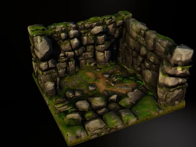 Rustic Stone Block Ornamental Decor Set With Moss Covered Walls And Natural Ground 3d model