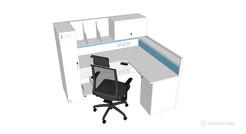 Modern Office Desk Cubicle Workstation With Blue Trim And Black Chair 3d model 