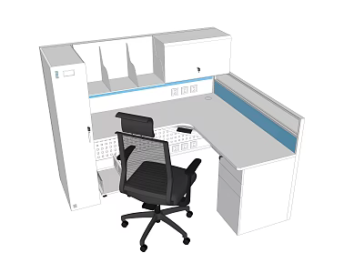 Modern Office Desk Cubicle Workstation With Blue Trim And Black Chair 3d model