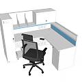 Modern Office Desk Cubicle Workstation With Blue Trim And Black Chair