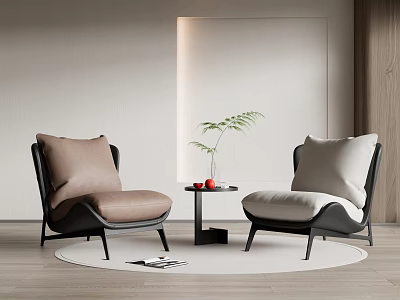 Upholstered Brown White Accent Chairs With Small Table Green Plant On Round Rug Wooden Floor 3d model