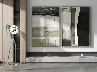 Abstract Paintings on Wall in Modern Interior With Wooden Elements Green Lamp And Gray Floor 3d model