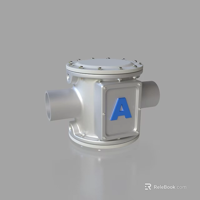 Silver Industrial Equipment with Blue Letter A Horizontal Pipe Connections and Bolted Top Cover 3d model 