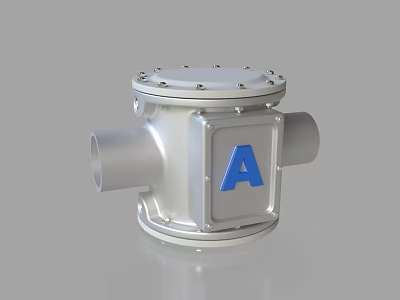 Silver Industrial Equipment with Blue Letter A Horizontal Pipe Connections and Bolted Top Cover 3d model