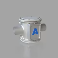 Silver Industrial Equipment with Blue Letter A Horizontal Pipe Connections and Bolted Top Cover