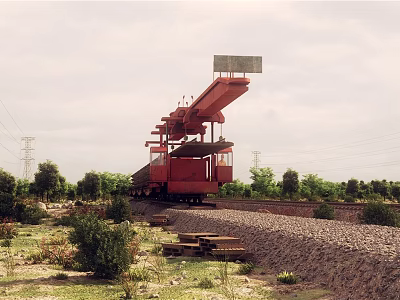 Red Train With Elevated Crane Structure On Railway Track Near Trees And Power Lines 3d model