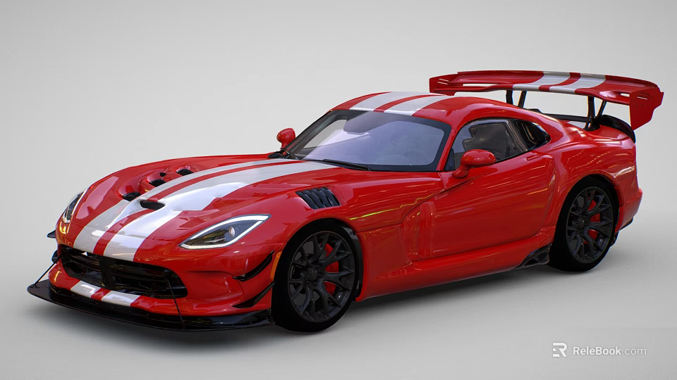 Red Sports Car With White Stripes And Rear Spoiler Sporty Design Black Alloy Wheels 3d model 