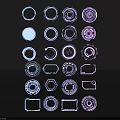 Modern Abstract Circular Geometric Sculpture Carvings With Blue Purple Outlines And Designs