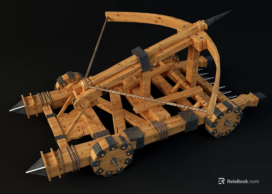 Historical Medieval Wooden Siege Weapon With Metal Components Wheels And Spiked Projectile Launcher 3d model 