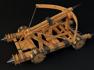 Historical Medieval Wooden Siege Weapon With Metal Components Wheels And Spiked Projectile Launcher 3d model